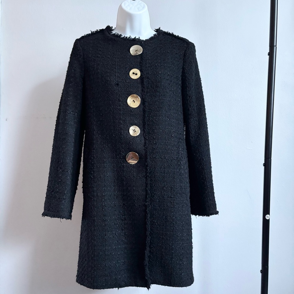 Zara Woman Black Tweed Coat Jacket with Large Gold Buttons size: XS